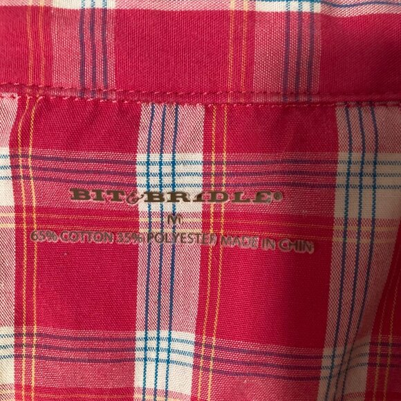 Womens Bit & Bridle Pearl Snap Western Plaid Shirt Embroidered M Pink White Blue - Picture 8 of 9